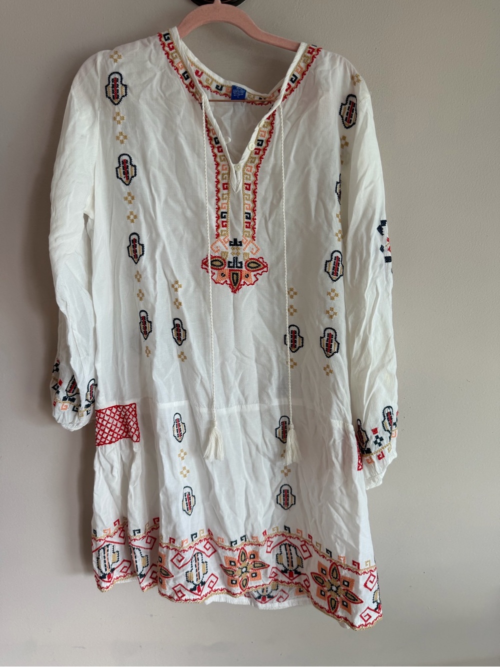 Raj Boho Embroidered Cross Stitch Tassel Tunic Dress Womens L